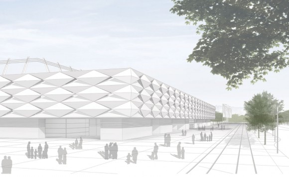 Image en 3D du futur stade national du Luxembourg Copyright : gmp_BENG